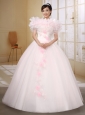 Pink Wedding Dress With Off The Shoulder Neckline Appliques and Beaded Decorate On Organza Ball Gown