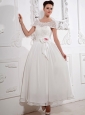 Popular Scoop Short Sleeves Wedding Dress With Sash and Lace