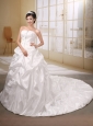 Pretty Taffeta White Wedding Dress With Chapel Train Baded Decorate Bodice