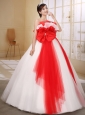 Red and White Bow Decorate On Organza Wedding Dress With Strapless Neckline Ball Gown Floor-length