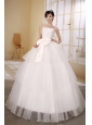 Satin and Organza Strapless Neckline Wedding Dress With Bow and Beaded Decorate