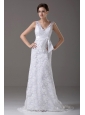 Stylish V-Neck Column / Sheath Sashes/Ribbons Lace Wedding Dress Brush / Sweep