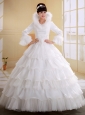 White Organza and Tulle  With Imitated Feather Decorate High-neck Long Sleeves Organza Wedding Dress