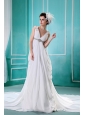 Apple Valley Beading and Ruch Decorate Bodice V-neck Chapel Train White Chiffon 2013 Wedding Dress