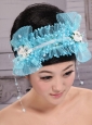 Aqua Blue Tulle Headpieces With Rhinestones and Imitation Pearls Decorate