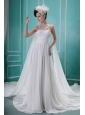 Beaded Decorate Straps and Bust Ruch Watteau Train Brush Train White Chiffon Wedding Dress For 2013