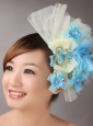 Blue Feather and Light Yellow Net Flower With Beading For Bridal