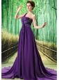 Custom Made Purple One Shoulder Ruched Bodice Prom Dress Beaded Decorate Bust In Formal Evening