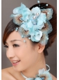 Popular Light Blue Taffeta Tulle Feather Beading Women’ s Fascinators