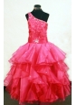 Beading Lovely One Shoulder Floor-Length One Shoulder Coral Red Ball Gown Little Girl Pageant Dresses