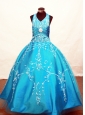 Modest Blue Flower Girl Pageant Dress With Appliques Decorate On Tulle Halter Neckline