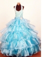 2013 Modest Baby Blue Ruffled Layeres Little Girl Pageant Dresses Halter Ball Gown Organza