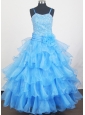 Aqua Blue and Hand Made Flowers For Little Girl Pageant Dress With Beaded Decorate Bodice