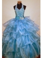Beaded Decorate Shoulder Halter Top Light Blue Organza Beading Little Girl Pageant Dresses