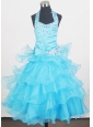 Beading Halter and Ruffled Layers Little Girl Pageant Dresses  With Aqua Blue
