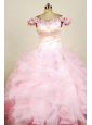 Beading Luxurious Ball gown Organza Off the shoulder neck Floor-length Pink Beading Little Girl Pageant Dresses