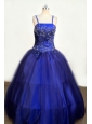 Beading Romantic Spaghetti Straps Tulle and Taffeta Ball gown Royal Blue Little Girl Pageant Dresses Floor-length
