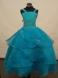 Beautiful Teal Flower Girl Pageant Dress With Appliques Decorate On Organza Straps Neckline