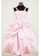 Bowknot Straps Baby Pink Taffeta Beading Little Girl Pageant Dresses For Custom Made