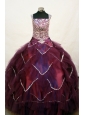 Custom Made Square Neckline Burgundy Beaded Decorate Bodice Flower Girl Pageant Dress