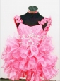 Cute A-Line Straps Mini-length Hot Pink Organza Beading Little Girl Pageant Dresses