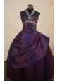 Dark Purple Beaded Decorate Princess Halter Neckline Flower Girl Pageant Dress