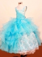 Fashionable Baby Blue Little Girl Pageant Dresses Ruffled Layered Scoop Floor-Length Lace