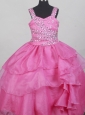 Hot Pink Straps Neckline Beaded Decorate Bodices Flower Girl Pageant Dress
