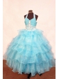 Organza Exquisite Halter Layer Ball gown Floor-length Aqua Beading Little Girl Pageant Dresses