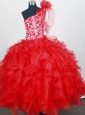 Red One Shoulder Little Girl Pageant Dresses With Hand Made Flowers and Ruffled Layers