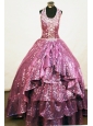 Sequins A-line Halter Floor-length Fuchsia Paillette  Beading Little Girl Pageant Dresses