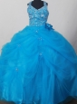 Blue Sweet Haltert Neckline Flower Girl Pageant Dress With Beaded and Flowers Decorate
