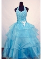 Custom Made Ball Gown Halter Top Beading Little Girl Pageant Dresses Light Blue Orangza