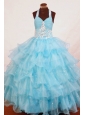 Halter Top Aqua Blue Organza Appliques Little Girl Pageant Dresses