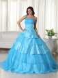 Aqua Ball Gown One Shoulder Floor-length Organza Beading Quinceanera Dress