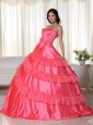 Coral Ball Gown Strapless Floor-length Taffeta Embroidery Quinceanera Dress