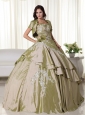 Olive Green Ball Gown Strapless Floor-length Taffeta Appliques Quinceanera Dress