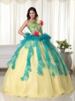 Teal and Yellow Ball Gown Strapless Floor-length Organza Beading Quinceanera Dress
