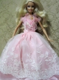 Amazing Pink Handmade Party Colothes Dress With Embroidery For Quinceanera Doll