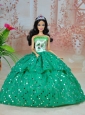 Elegant Ball Gown Green Strapless Hand Made Flowers Party Clothes Fashion Dress For Quinceanera Doll