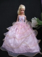 Luxurious Ruffled Layeres Baby Pink Handmade Summer Wear Dress Clothes Gown For Quinceanera Doll