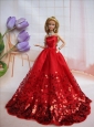 Popular Strapless Red Accents And Sequins Made To Fit The Quinceanera Doll