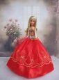Pretty Gown With Red Applqiues Strapsmade To Fit The Quinceanera Doll