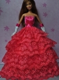 Pretty Red Gown With Ruffled Layers Dress For Quinceanera Doll