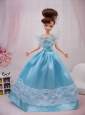 Aqua Blue Hand Made Flower Princess Quinceanera Doll Dress