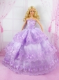 Beautiful Lilac Gown With Lace Dress For Quinceanera Doll