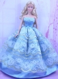 Blue Handmade Gown With Appliques And Sequins Made To Fit The Quinceanera Doll
