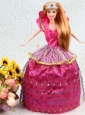 Elegant Hot Pink Taffeta Ball Gown Party Clothes Embroidery Dress For Nobel Quinceanera Doll