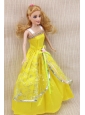 Elegant Party Dress With Yellow Taffeta Made To Fit The Quinceanera Doll