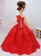 Hand Made Flower And Beading Red Organza Quinceanera Doll Dress